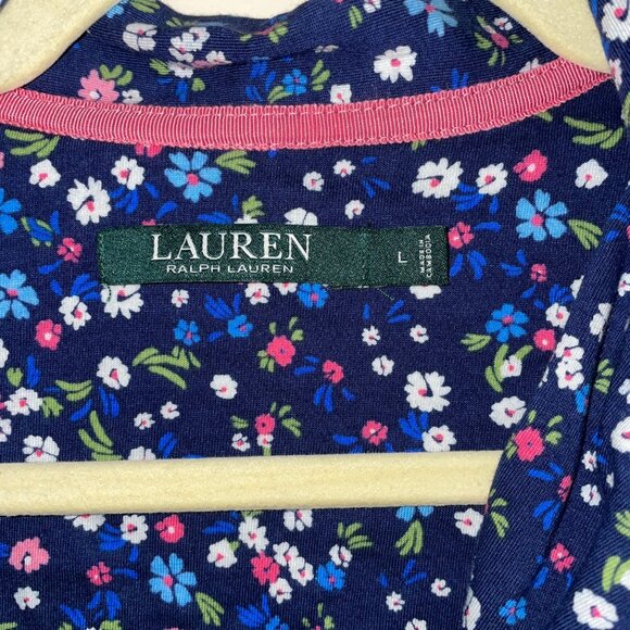 Ralph Lauren Womens Floral Print Pajama Top L Short Sleeve Button-Down Navy - Picture 3 of 7